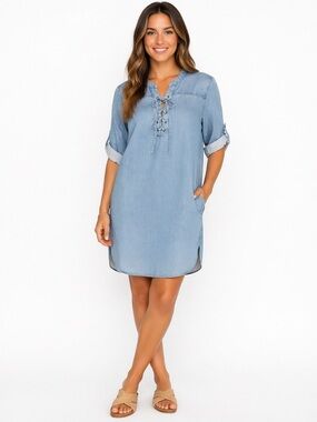 Philosophy Chambray Tencel Lace Up Shift Dress M Pockets Roll Tab Sleeve